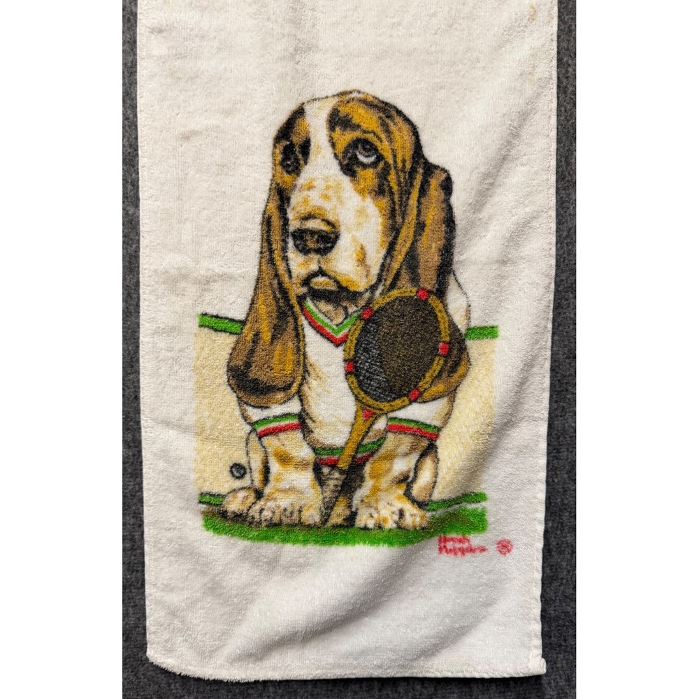 Vintage Cannon Hush Puppies Basset Hound Tennis hand Towel White Cotton 80s